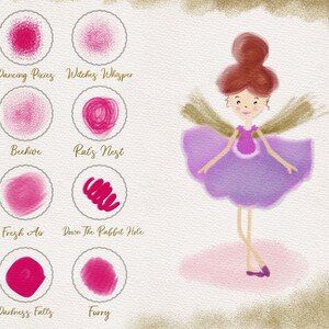 May include: A digital illustration of a fairy with brown hair and a purple dress. The fairy has wings and is standing on a pink cloud. The image is surrounded by 8 circles, each containing a different pink brush stroke with a name below it. The names are: Dancing Pixies, Witches Whisper, Beehive, Rat's Nest, Fresh Air, Down The Rabbit Hole, Darkness Falls, and Furry.