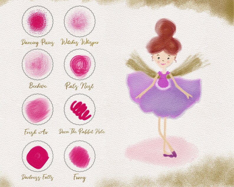 May include: A digital illustration of a fairy with brown hair and a purple dress. The fairy has wings and is standing on a pink cloud. The image is surrounded by 8 circles, each containing a different pink brush stroke with a name below it. The names are: Dancing Pixies, Witches Whisper, Beehive, Rat's Nest, Fresh Air, Down The Rabbit Hole, Darkness Falls, and Furry.