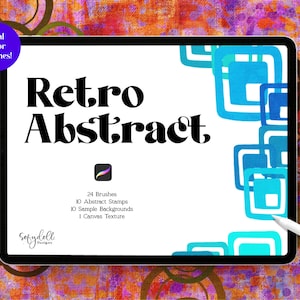Op de afbeelding: Een digitaal tabletscherm dat een grafisch ontwerp voor een product genaamd "Retro Abstract" weergeeft met een witte achtergrond en blauwe en turquoise geometrische vormen. De tekst "24 Brushes, 10 Abstract Stamps, 10 Sample Backgrounds, 1 Canvas Texture" wordt op het scherm weergegeven. De tablet staat op een kleurrijke achtergrond met een stylus ernaast.