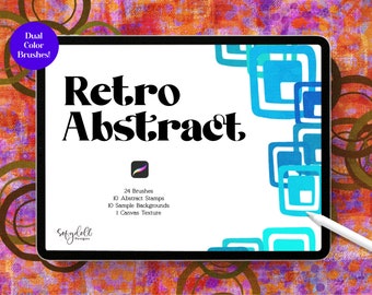 May include: A digital tablet screen displaying a graphic design for a product called "Retro Abstract" with a white background and blue and turquoise geometric shapes. The text "24 Brushes, 10 Abstract Stamps, 10 Sample Backgrounds, 1 Canvas Texture" is displayed on the screen. The tablet is on a colorful background with a stylus next to it.