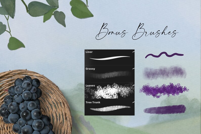 May include: A set of digital brushes for use in digital art programs. The brushes are displayed on a black background with the names "Liner", "Grassy", "Leaves", and "Tree Trunk". The brush strokes are shown in white and gray. The image also shows examples of the brushes in use, with purple brush strokes on a light blue background. The text "Bonus Brushes" is written in cursive at the top of the image.