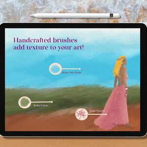 May include: A digital illustration of a woman in a pink dress standing on a beach. The image is on a tablet screen and shows a variety of handcrafted brushes for digital art. The text on the screen reads "Handcrafted brushes add texture to your art!" and shows the names of the brushes: "Boho Wet Paint", "Boho Lines", and "Boho Sparks".