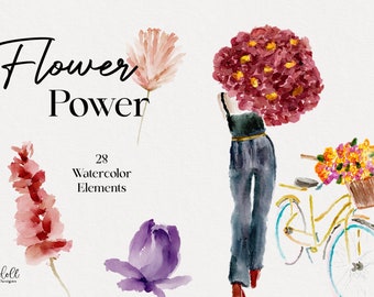 Flower Power Watercolor Graphics, Flower Clipart,  Watercolor Graphics, Watercolor Clipart, Invites, Stationery