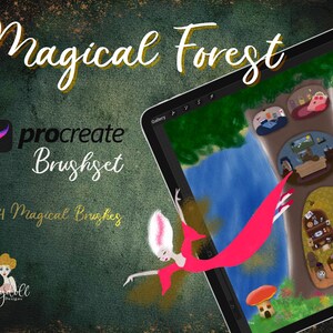 May include: A digital illustration of a magical forest scene with a girl flying in a red dress. The image is displayed on a tablet screen with the text "procreate Brushset" and "34 Magical Brushes" on the screen. The image is surrounded by a green and gold textured background.