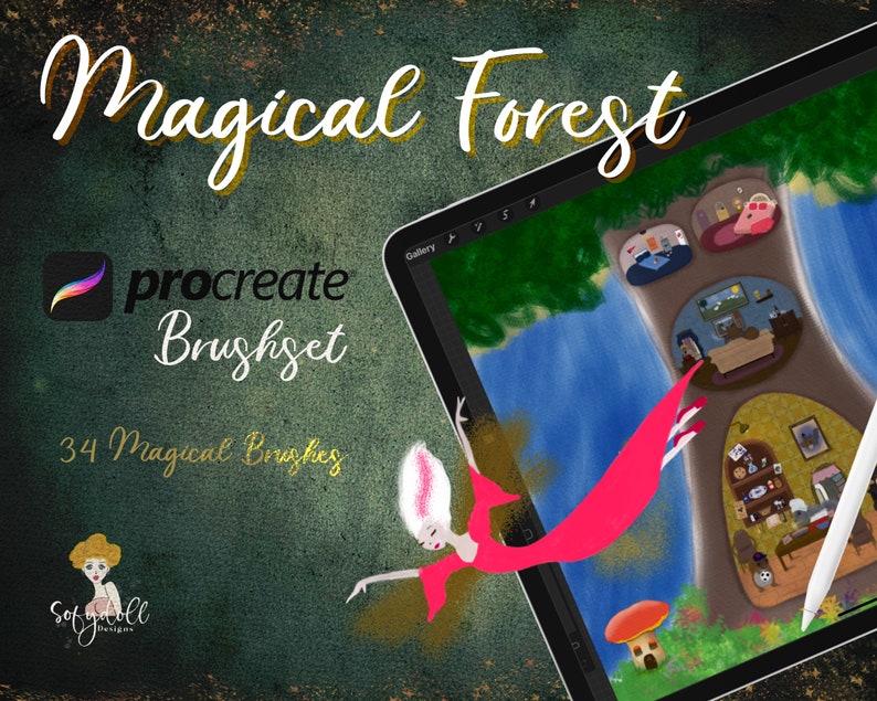 May include: A digital illustration of a magical forest scene with a girl flying in a red dress. The image is displayed on a tablet screen with the text "procreate Brushset" and "34 Magical Brushes" on the screen. The image is surrounded by a green and gold textured background.