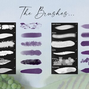 May include: A set of digital brushes for use in digital art programs. The brushes are shown in two columns, with the left column showing the brush strokes in gray and the right column showing the brush strokes in purple. The brush names are listed on the left side of the image, including "Stone Mason", "Smooth Scape", "Tree Tops", "Salty", "Thick, Plush & Salty", "Stucco", "Light Stucco", "Bricks", "Sparkled Skins", "Leafy", "Grapes", and "Terracotta".