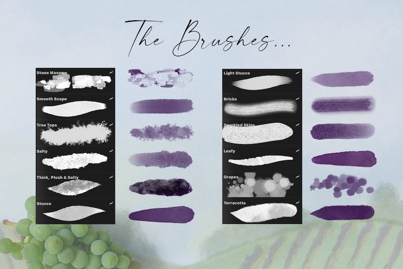 May include: A set of digital brushes for use in digital art programs. The brushes are shown in two columns, with the left column showing the brush strokes in gray and the right column showing the brush strokes in purple. The brush names are listed on the left side of the image, including "Stone Mason", "Smooth Scape", "Tree Tops", "Salty", "Thick, Plush & Salty", "Stucco", "Light Stucco", "Bricks", "Sparkled Skins", "Leafy", "Grapes", and "Terracotta".