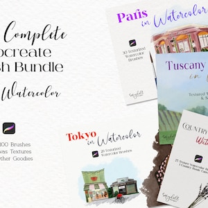 May include: A digital product bundle for Procreate featuring watercolor brushes and textures. The bundle includes four different sets: Paris in Watercolor, Tuscany in Watercolor, Tokyo in Watercolor, and Country Rustic Watercolor. Each set features a unique illustration of a city or landscape.