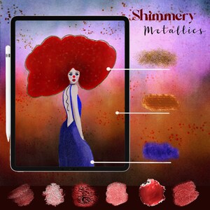 May include: A digital illustration of a woman with red hair and a blue dress. The image is on a tablet screen with a stylus next to it. The image is surrounded by swatches of shimmery metallic paint in various colors, including gold, copper, blue, and red.