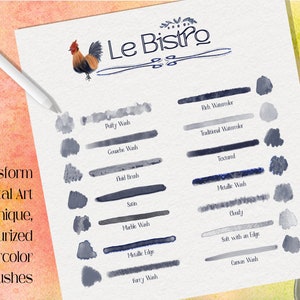 May include: A chart showing different watercolor brush strokes, labeled with names like "Puffy Wash", "Gouache Wash", "Metallic Wash", and "Canvas Wash". The chart is titled "Le Bistro" and features a rooster illustration.