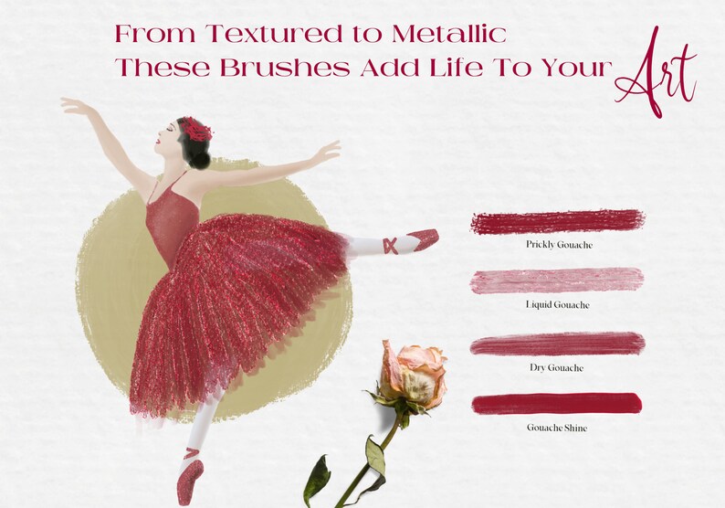 May include: A digital illustration of a ballerina in a red tutu with a rose in the background. The image shows four different brush strokes labeled "Prickly Gouache", "Liquid Gouache", "Dry Gouache", and "Gouache Shine".