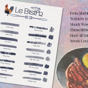 May include: A white sheet of paper with the title "Le Bistro" at the top. The paper shows a variety of watercolor brush strokes with names like "Sandy Wash", "Distressed Wash", "Gatsby Wash", "Moody Wash", "Speckled Wash", "Graphic Wash", "Tie Dye Wash", "Light Velvet Wash", "Streaky Watercolor", "Dark Fuzzy Wash", "Wet Brush", "Bristle Brush", "Starry Wash", and "Woodgrain Wash".