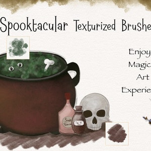 May include: A digital illustration of a cauldron with green bubbling liquid, a skull, two bottles, and three brush strokes in different colors. The text "Spooktacular Textured Brushes" and "Enjoy a Magical Art Experience" is also included in the image.