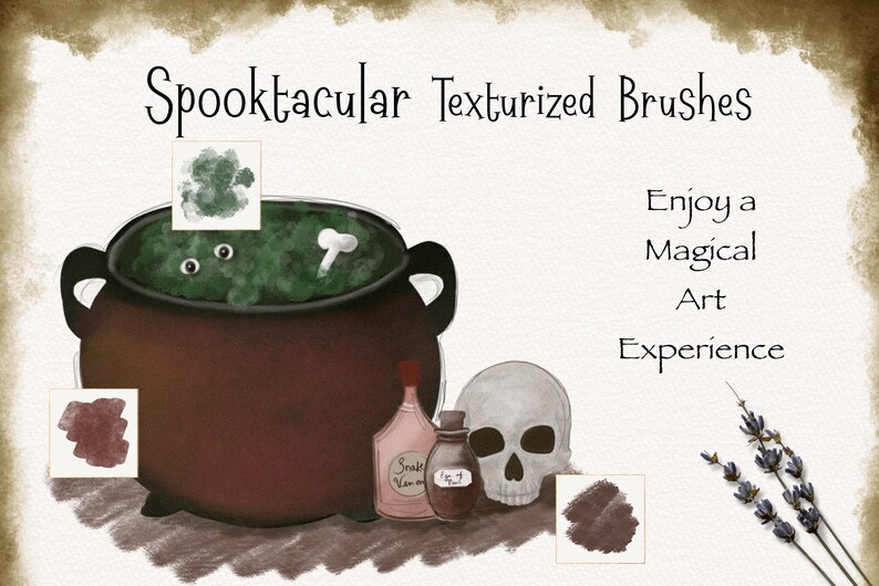 May include: A digital illustration of a cauldron with green bubbling liquid, a skull, two bottles, and three brush strokes in different colors. The text "Spooktacular Textured Brushes" and "Enjoy a Magical Art Experience" is also included in the image.