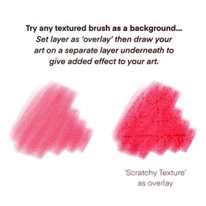 May include: Two red textured brush strokes on a white background. The brush stroke on the right is labeled 'Scratchy Texture' as overlay.
