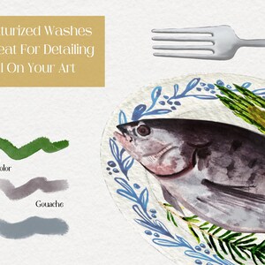 May include: A watercolor painting of a fish on a plate with a blue and white floral design. The fish is surrounded by green sprigs. The painting is done in a rich watercolor style with a textured finish.