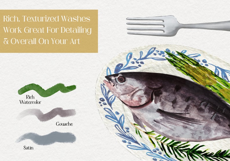 May include: A watercolor painting of a fish on a plate with a blue and white floral design. The fish is surrounded by green sprigs. The painting is done in a rich watercolor style with a textured finish.