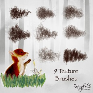 May include: Nine digital texture brushes for use in digital art and design. The brushes are shown as brown, textured shapes on a white background. The text "9 Texture Brushes" is at the bottom of the image.
