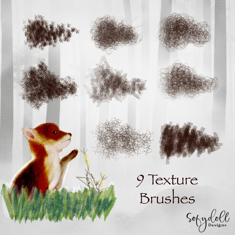 May include: Nine digital texture brushes for use in digital art and design. The brushes are shown as brown, textured shapes on a white background. The text "9 Texture Brushes" is at the bottom of the image.