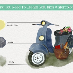 May include: A watercolor illustration of a blue scooter with a basket full of groceries and flowers. The illustration is accompanied by three watercolor swatches labeled "Metallic Wash", "Marble", and "Cloudy".