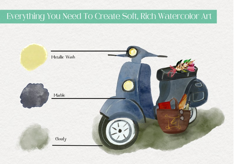 May include: A watercolor illustration of a blue scooter with a basket full of groceries and flowers. The illustration is accompanied by three watercolor swatches labeled "Metallic Wash", "Marble", and "Cloudy".