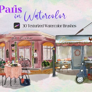 May include: A watercolor illustration of two Parisian storefronts, one labeled "Le Bistro" and the other "Patisserie", with a scooter parked in front of the bakery. The illustration is painted in a soft, romantic style with muted colors and delicate details. The image includes a bonus canvas.