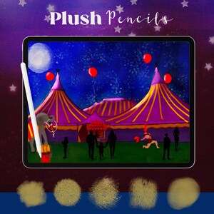 May include: A digital illustration of a circus tent with a starry night sky background. The tent is purple and gold with red and white stripes. There are red balloons floating in the air. The text "Plush Pencils" is written in white at the top of the image.