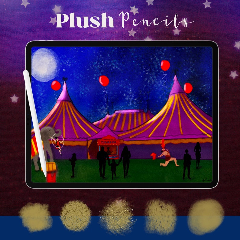 May include: A digital illustration of a circus tent with a starry night sky background. The tent is purple and gold with red and white stripes. There are red balloons floating in the air. The text "Plush Pencils" is written in white at the top of the image.