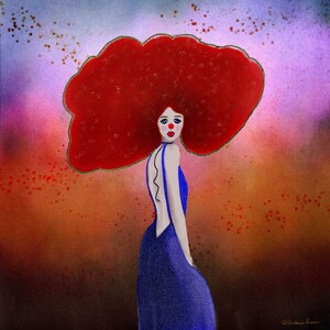 May include: A woman with a large, bright red afro hairstyle wears a blue dress with a low back. The background is a gradient of orange, red, and purple with small red stars.