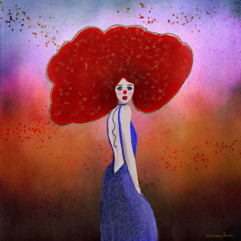 May include: A woman with a large, bright red afro hairstyle wears a blue dress with a low back. The background is a gradient of orange, red, and purple with small red stars.