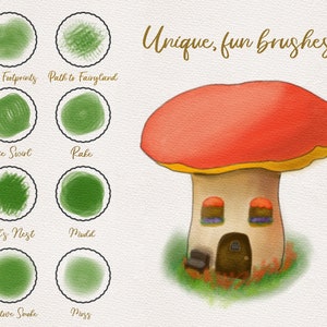 May include: A set of 8 unique digital brush textures for digital art. The brush textures are displayed in circles with names below each circle. The names of the brushes are: Big Footprints, Path to Fairyland, Pixie Swirl, Rake, Bird's Nest, Mudd, Woodstove Smoke, and Moss. The image also includes a cartoon illustration of a mushroom house.
