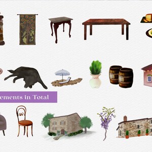 May include: A collection of 30 watercolor illustrations featuring various elements for creating a cozy Italian countryside scene. The illustrations include a fireplace, a table, a chair, a house, a cat, a barrel, a plant, and more.