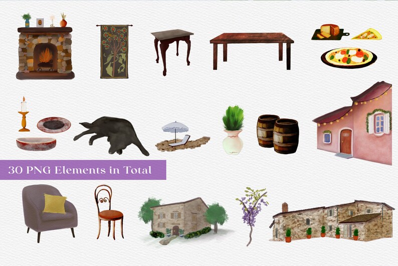 May include: A collection of 30 watercolor illustrations featuring various elements for creating a cozy Italian countryside scene. The illustrations include a fireplace, a table, a chair, a house, a cat, a barrel, a plant, and more.