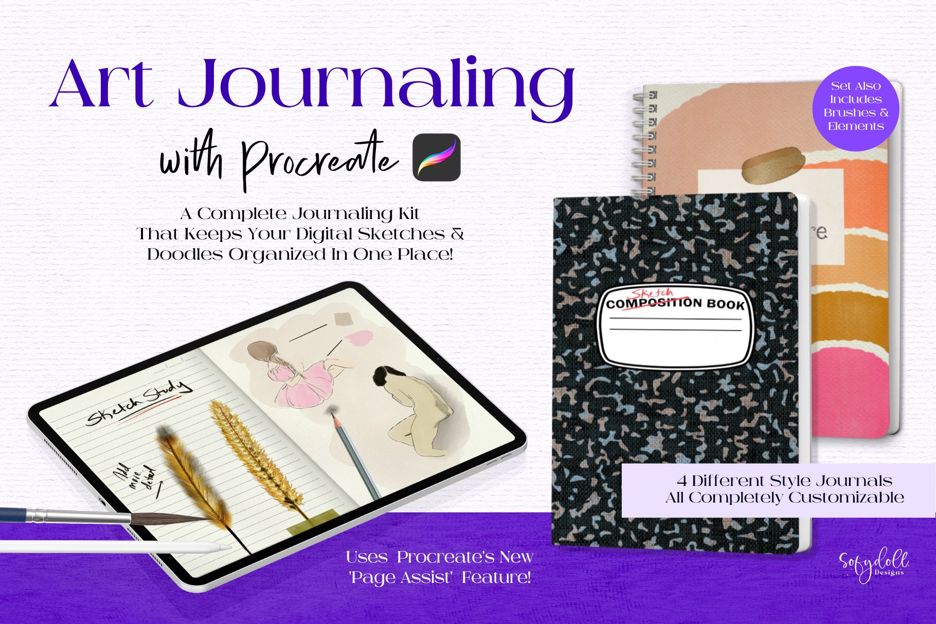 Art Journaling with Procreate – Digital Sketchbook Bundle, Canvas Textures, Brushes & Page Assist Journals