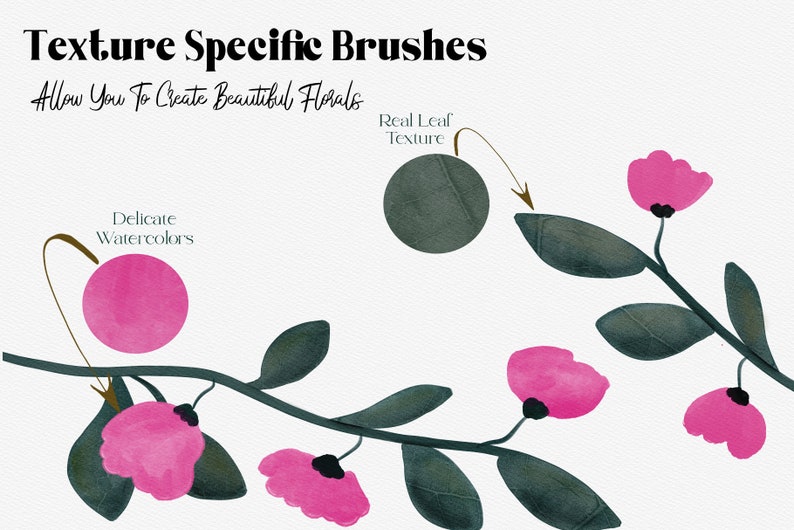 May include: A digital illustration of a branch with pink flowers and green leaves. The text "Texture Specific Brushes" and "Allow You To Create Beautiful Florals" is at the top of the image. The text "Delicate Watercolors" is near the bottom left of the image. The text "Real Leaf Texture" is near the top right of the image.