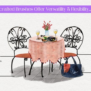 May include: A watercolor illustration of a table with two chairs, a pink tablecloth, and a blue tote bag. The table is set with two glasses of wine, a plate of food, and a vase of flowers. The illustration is created using a variety of brushstrokes, including dark fuzzy wash, starry wash, and speckled wash.