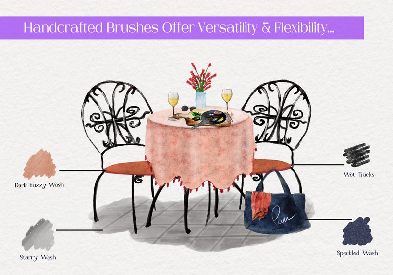 May include: A watercolor illustration of a table with two chairs, a pink tablecloth, and a blue tote bag. The table is set with two glasses of wine, a plate of food, and a vase of flowers. The illustration is created using a variety of brushstrokes, including dark fuzzy wash, starry wash, and speckled wash.