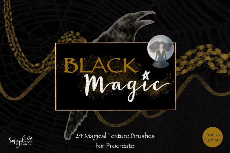 May include: Black and gold graphic design with the text "Black Magic" and the words "24 Magical Texture Brushes for Procreate" and "Bonus Canvas".