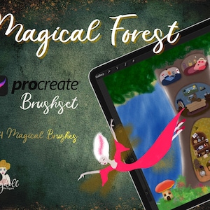May include: A digital illustration of a magical forest scene with a girl flying in a red dress. The image is displayed on a tablet screen with the text "procreate Brushset" and "34 Magical Brushes" on the screen. The image is surrounded by a green and gold textured background.
