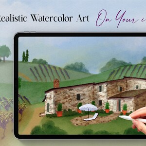 May include: A digital illustration of a stone house with a white umbrella and lounge chair in the yard. The house is surrounded by green hills and vineyards. The text "Paint Realistic Watercolor Art On Your iPad" is at the top of the image.