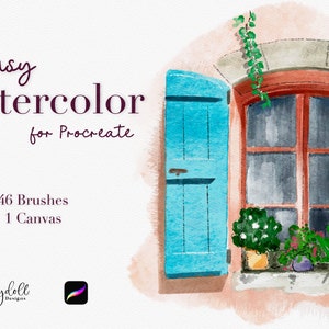 May include: A watercolour illustration of a window with blue shutters and potted plants. The window is set against a light pink background. The text "Whimsy Watercolor for Procreate" is in the top left corner of the image. The text "46 Brushes 1 Canvas" is in the bottom left corner of the image. The text "Sofydoll Designs" is in the bottom left corner of the image. The Procreate app icon is in the bottom right corner of the image.