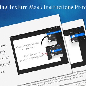May include: A screenshot of a tutorial on how to use clipping textures in the Procreate app. The tutorial shows how to open a clipping texture, make sure the layer is set to "Clipping Mask", and delete any layers that are not needed. The tutorial also mentions that the clipping texture layer should be directly under the "clipping texture layer".
