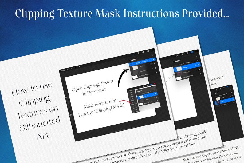 May include: A screenshot of a tutorial on how to use clipping textures in the Procreate app. The tutorial shows how to open a clipping texture, make sure the layer is set to "Clipping Mask", and delete any layers that are not needed. The tutorial also mentions that the clipping texture layer should be directly under the "clipping texture layer".