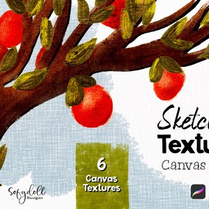May include: A digital illustration of a tree branch with red apples and green leaves. The background is a light blue canvas texture. The text "Sketchy Texture Canvas Pack" and "6 Canvas Textures" is visible in the image.