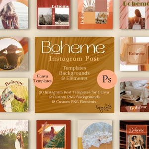 Boheme Instagram 投稿テンプレート パック、Canva、マーケティング グラフィック、ブランディング プロモーション デザイン、ソーシャル メディア テンプレート