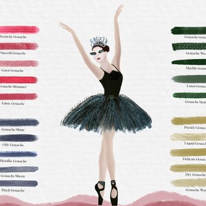 May include: A black and green ballerina illustration with a crown on her head. The illustration is surrounded by swatches of different colored gouache paint with names like "Scratchy Gouache", "Smooth Gouache", "Gouache Shine", and "Gouache Wash".