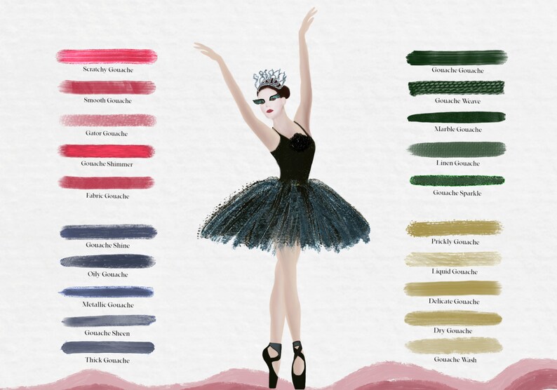 May include: A black and green ballerina illustration with a crown on her head. The illustration is surrounded by swatches of different colored gouache paint with names like "Scratchy Gouache", "Smooth Gouache", "Gouache Shine", and "Gouache Wash".