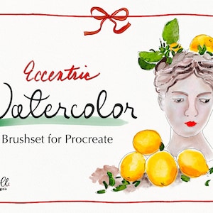 Puede incluir: Conjunto de pinceles de acuarela para Procreate, con el texto "Eccentric Watercolor" y una mujer con limones en el pelo.