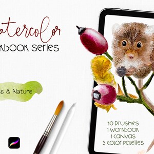 以下が含まれることがあります： Procreate 用の水彩ワークブックシリーズ。赤い実と黄色い葉のついた枝に、かわいいネズミが乗っています。40 本のブラシ、1 つのワークブック、1 つのキャンバス、5 つのカラーパレットが含まれています。