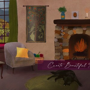 May include: A cozy living room with a fireplace, a comfy armchair, a side table with a bottle of wine and a glass, and a dog sleeping on a rug. The fireplace has a roaring fire and the room is decorated with a tapestry and plants. The text "Create Beautiful Scenes" is visible in the image.